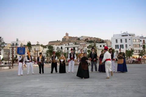 Folklore group performs traditional dance in traditional costumes in Ibiza Stock Photos