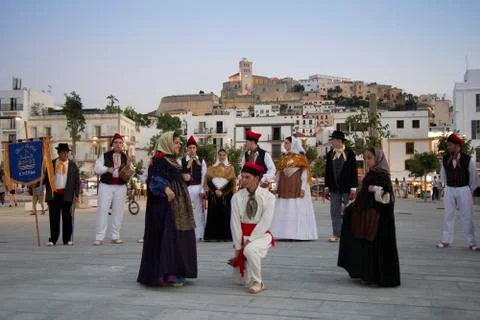 Folklore group performs traditional dance in traditional costumes in Ibiza Stock Photos