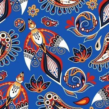 Folkloric Seamless Pattern with Folkloric Bird, Nature Inspired Design Elemen Stock Illustration