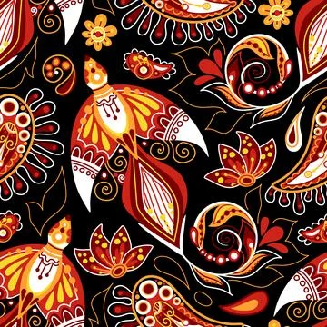 Folkloric Seamless Pattern with Folkloric Bird, Nature Inspired Design Elemen 스톡 일러스트