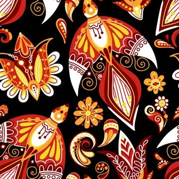 Folkloric Seamless Pattern with Folkloric Bird, Nature Inspired Design Elemen Illustrazione stock