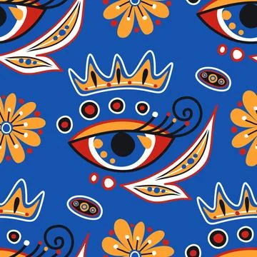 Folkloric Seamless Pattern with   Mystical Eye and Crown, Nature Inspired D.. Illustrazione stock