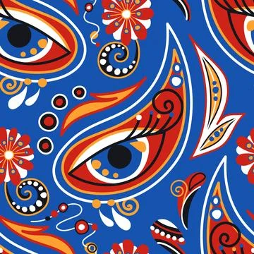 Folkloric Seamless Pattern with   Mystical Eye on Indian Cucumber, Nature I.. Illustrazione stock