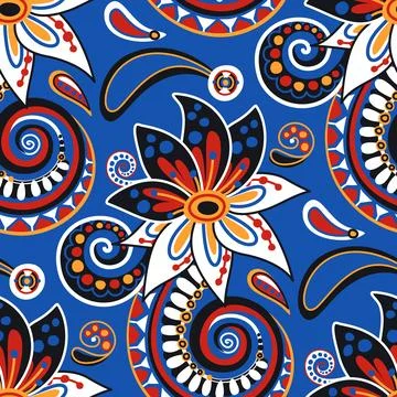 Folkloric Seamless Pattern with Paisley Flower, Nature Inspired Design Elemen Stock Illustration