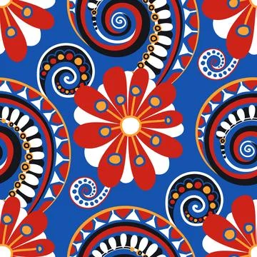 Folkloric Seamless Pattern with Paisley Flower, Nature Inspired Design Elemen イラスト素材