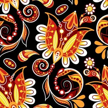 Folkloric Seamless Pattern with Paisley Flower, Nature Inspired Design Elemen Illustrazione stock
