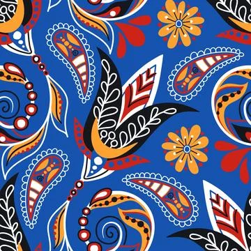 Folkloric Seamless Pattern with Paisley Flower, Nature Inspired Design Elemen Stock Illustration