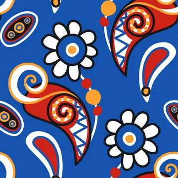 Folkloric Seamless Pattern with Paisley Flower, Nature Inspired Design Elemen Stock Illustration