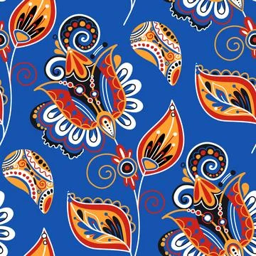 Folkloric Seamless Pattern with Paisley Flower, Nature Inspired Design Elemen Illustrazione stock