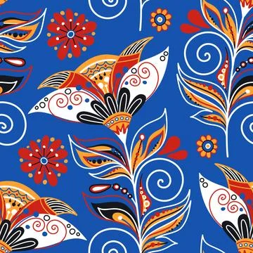 Folkloric Seamless Pattern with Paisley Flower, Nature Inspired Design Elemen イラスト素材