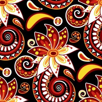 Folkloric Seamless Pattern with Paisley Flower, Nature Inspired Design Elemen Illustrazione stock