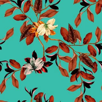 Follagem,Tropical,With,Yellow,Flower,Seamless,Pattern 스톡 일러스트