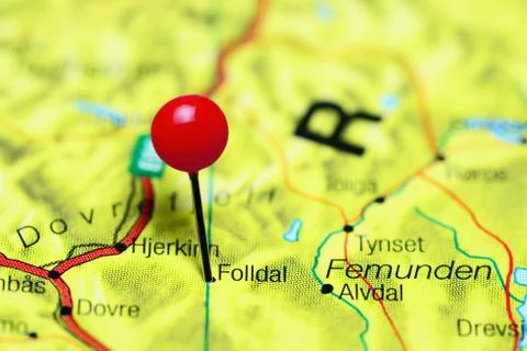 Folldal pinned on a map of Norway Stock-Fotos
