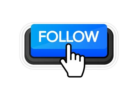 Follow blue 3D button with hand mouse on white background. Vector illustratio Illustrazione stock
