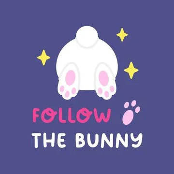 Follow the Bunny Text with Back View of Cute Bunny and Paw Prints Stock Illustration
