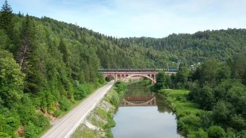 Follow the river approaching the train on the bridge. Vidéo 112856127