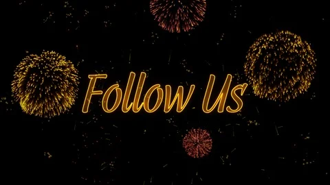 Follow Us Greeting text with particles, colored fireworks, sparks and stars Stock Footage 99050268