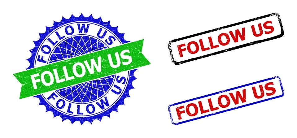 FOLLOW US Rosette and Rectangle Bicolor Watermarks with Unclean Textures Stock Illustration