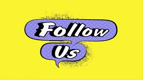 Follow Us text animation in a purple comic speech bubble on a yellow backgrou Stock Footage 346725017