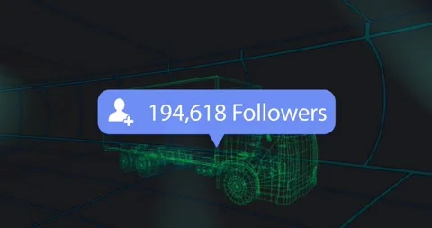 On follower update wireframe truck centered, badge sliding over cab, counts Stock Footage 321783180