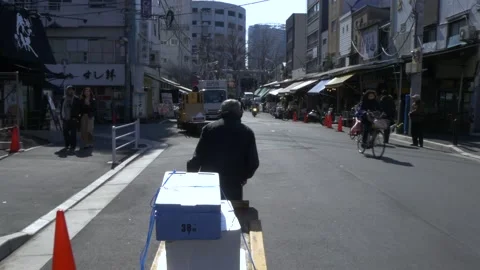 Following Employee Inside The Biggest Fish Market In Tokyo, Japan Stock Footage 158992559