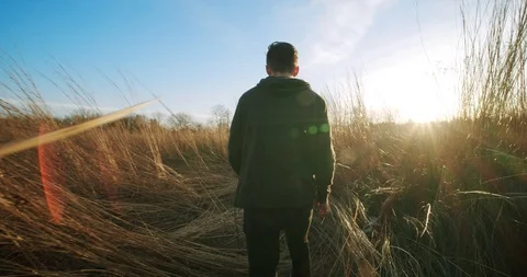Following Man through Grass into Sunset Stock Footage 122221553