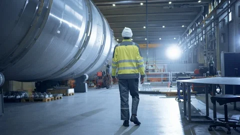 Following Shot of Heavy Industry Engineer Walking through Pipe Manufacturing Vidéo 114874802