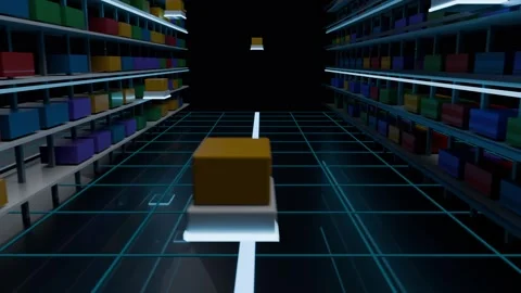 Following white line autonomous robot carrying yellow box down warehouse aisle Stock Footage 339193897