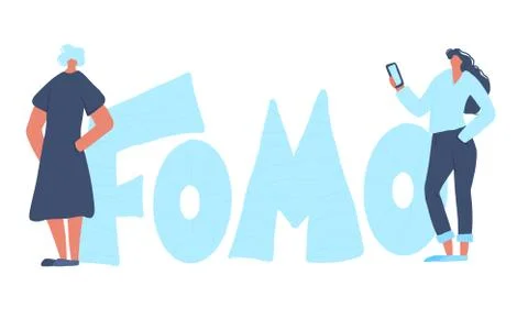 FOMO abbreviation text emblem isolated on white background. Two young women f Stock Illustration