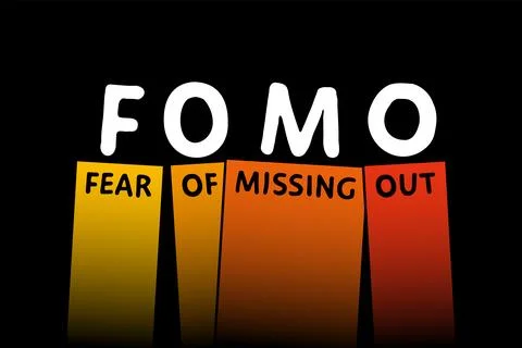 FOMO, fear of missing out, acronym and whole phrase, standing on shaky legs Illustrazione stock