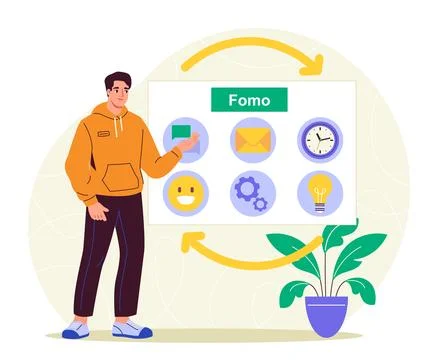FOMO man concept. Young guy with fear of missing out. Mental and psychological Stock Illustration