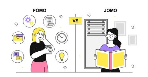 Fomo vs Jomo. Fear of missing out versus joy of missing out. People with Stock Illustration