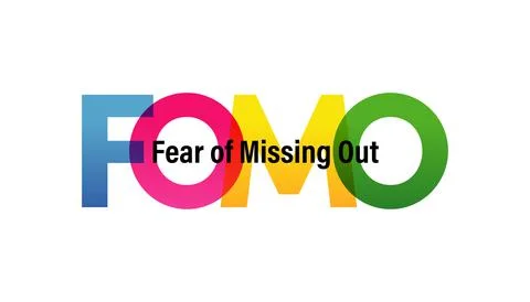FOMO word vector illustration. Joy Of Missing Out. Colored rainbow text. Vector Stock Illustration