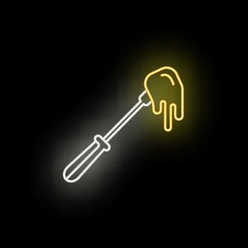 Fondue fork dipping bread in glowing cheese neon sign Stock Illustration