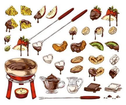 Fondue hand drawn vector set, berries and fruit pieces with melted chocolate Stock Illustration