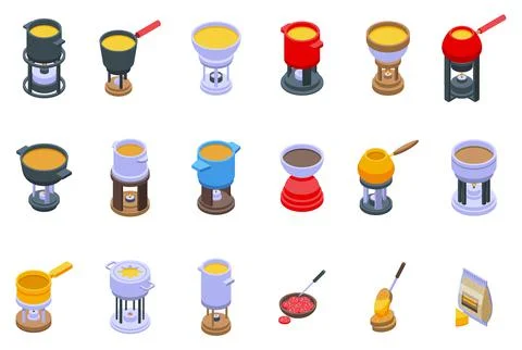 Fondue icons set isometric vector. Cow cheese Ilustración de archivo