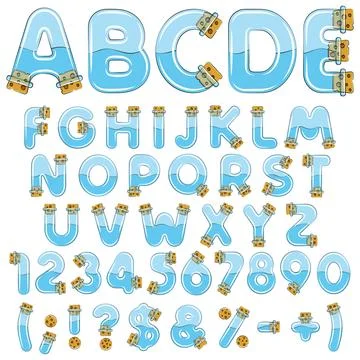 Font, alphabet, from vials, tubes with corks and water Stock Illustration