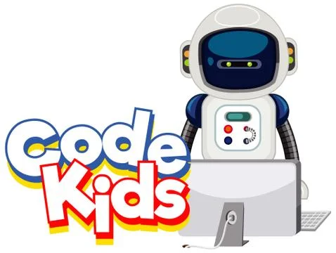 Font design template for word code kids with robot and computer Stock Illustration
