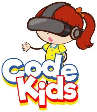 Font design for word code kids with girl wearing VR mask Stock Illustration