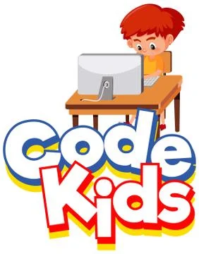 Font design for word code kids with boy working on computer Stock Illustration