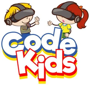 Font design for word code kids with kids wearing VR masks Stock Illustration