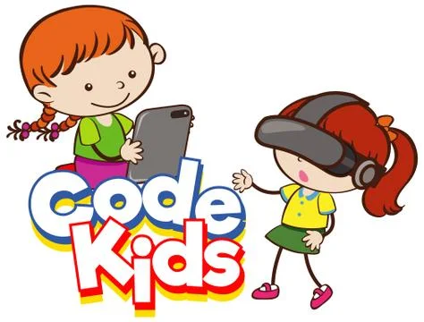Font design for word code kids with girls and computer Stock Illustration