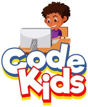 Font design for word code kids with boy working on computer Stock Illustration