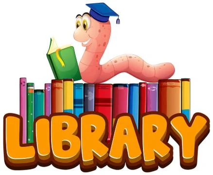 Font design for word library with bookworm reading Stock Illustration