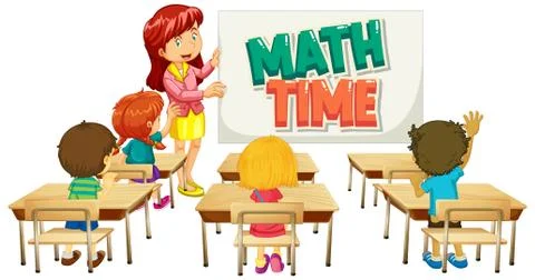 Font design for word math time with teacher and students in classroom Stock Illustration