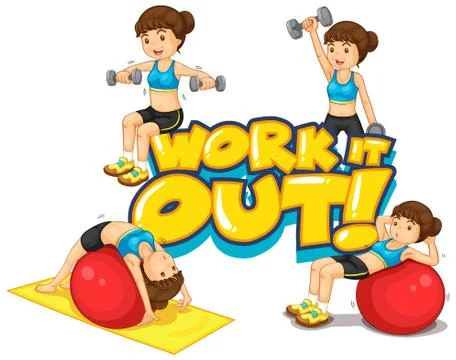 Font design for word work it out with woman doing exercise Stockillustratie