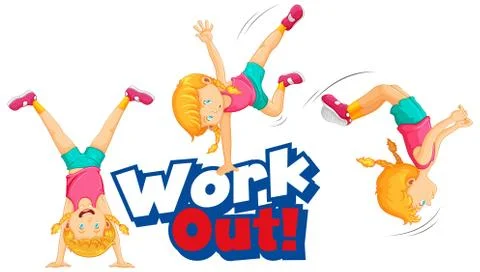Font design for word work out with girl doing exercise Stockillustratie