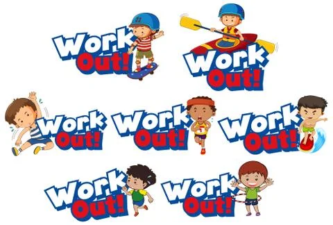 Font design for word work out with kid doing exercise Stockillustratie