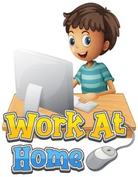 Font design for work from home with boy working on computer Illustrazione stock