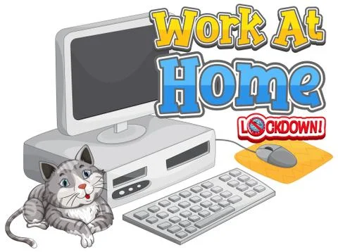 Font design for work from home with cat and computer 스톡 일러스트